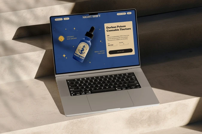 Laptop computer displays online cannabis tincture product from Night Shift brand with a blue bottle, yellow sun graphic, and minimal text.