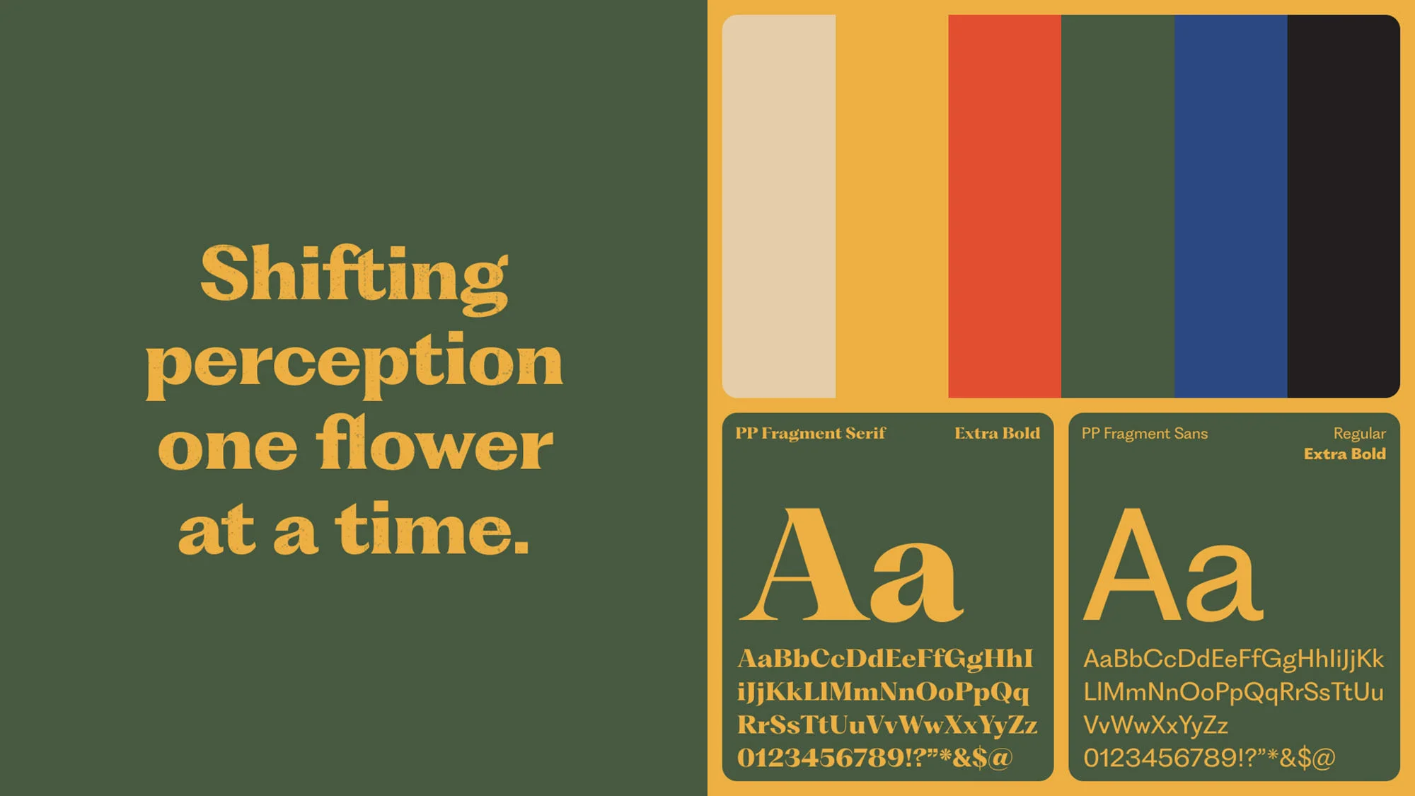 Typography graphic featuring text 'Shifting perception one flower at a time' and font examples in a color block layout with olive and mustard hues.