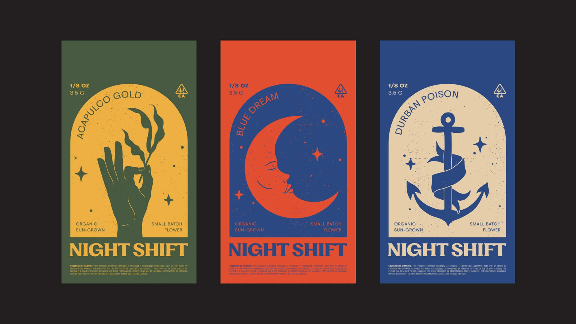 Illustrated product labels display botanical cannabis themes in retro style with moons, anchors, and hands in a tri-panel layout on dark background.