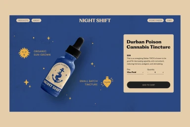 Web design screenshot for Night Shift featuring a blue tincture bottle on a dark blue background with gold star illustrations.