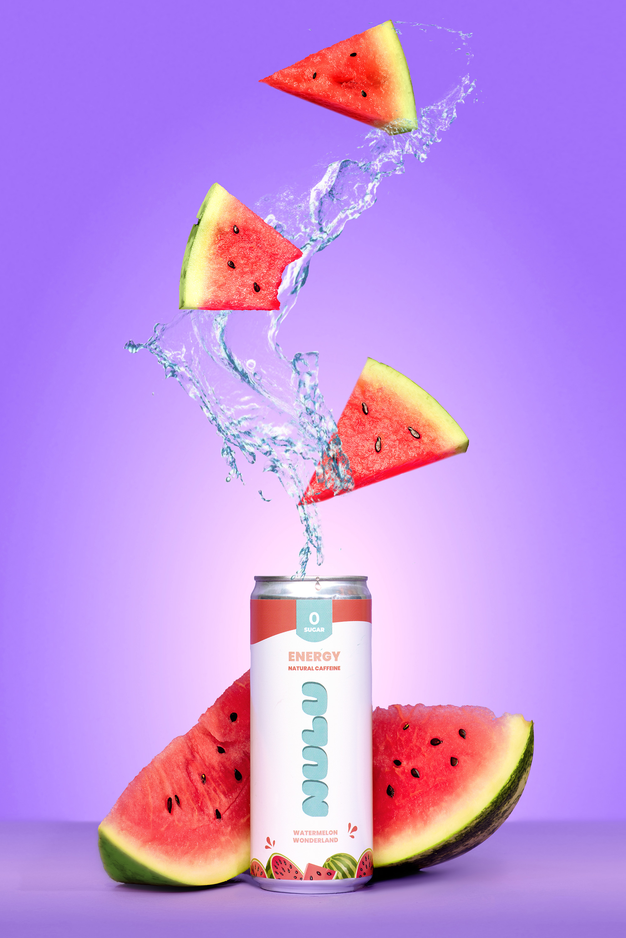 Watermelon-flavored energy drink ad with flying watermelon slices, water splash, can on a purple background. Fresh and vibrant beverage.