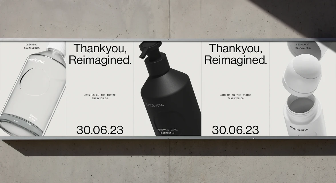 Eye-level shot of a promotional billboard for Thankyou featuring close-ups of various product containers and the date 30.06.23.