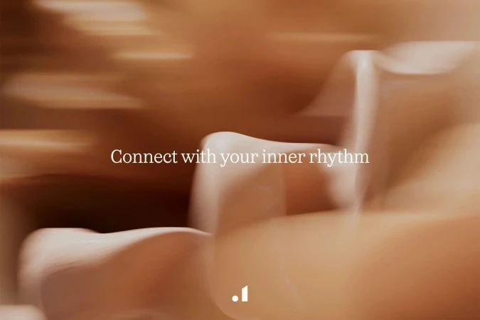 Abstract fluid forms in blended shades of tan and brown, with blurred motion effect, and brandmark at bottom.