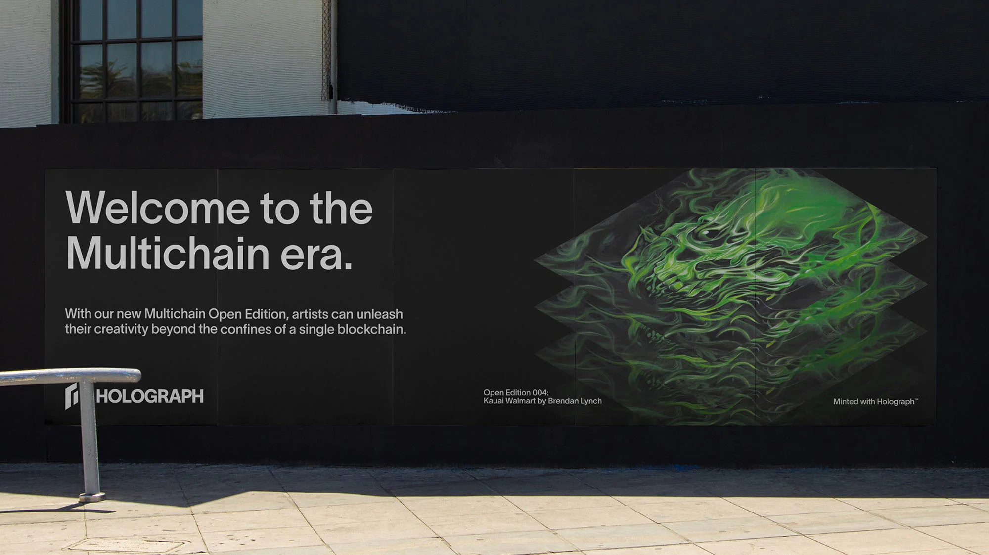 A large black advertising wall with white text promoting the Multichain era and a graphic image of a green skull design.