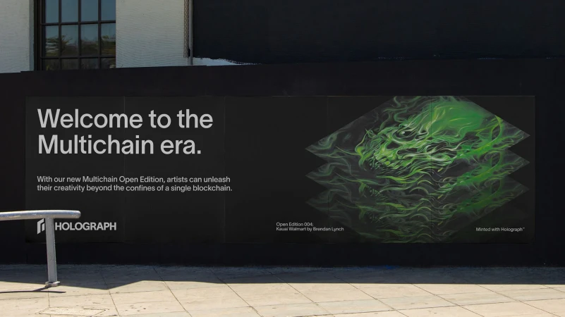 A large black advertising wall with white text promoting the Multichain era and a graphic image of a green skull design.
