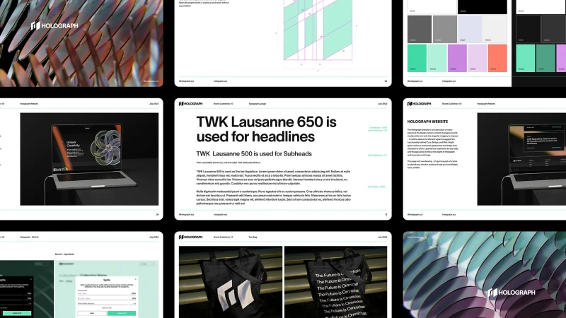 Holograph brand guide showcasing website design, typography samples, and tote bag designs with the Holograph logo on a dark background.