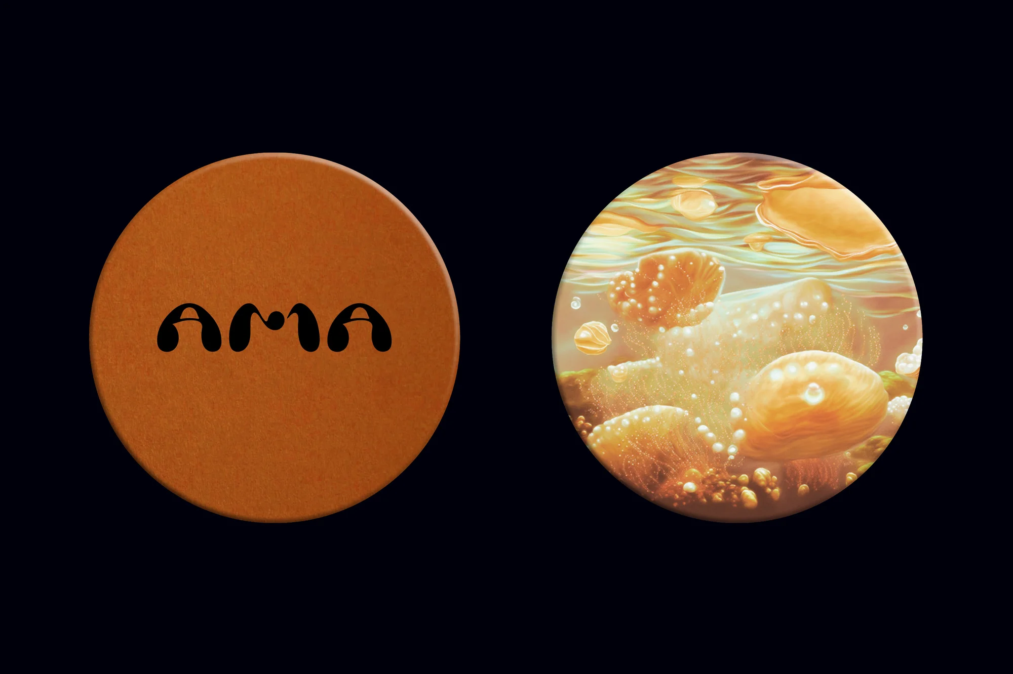 Abstract product display featuring two circular discs, one bearing the 'AMA' logo and the other a textured orange surface with bubble effect.
