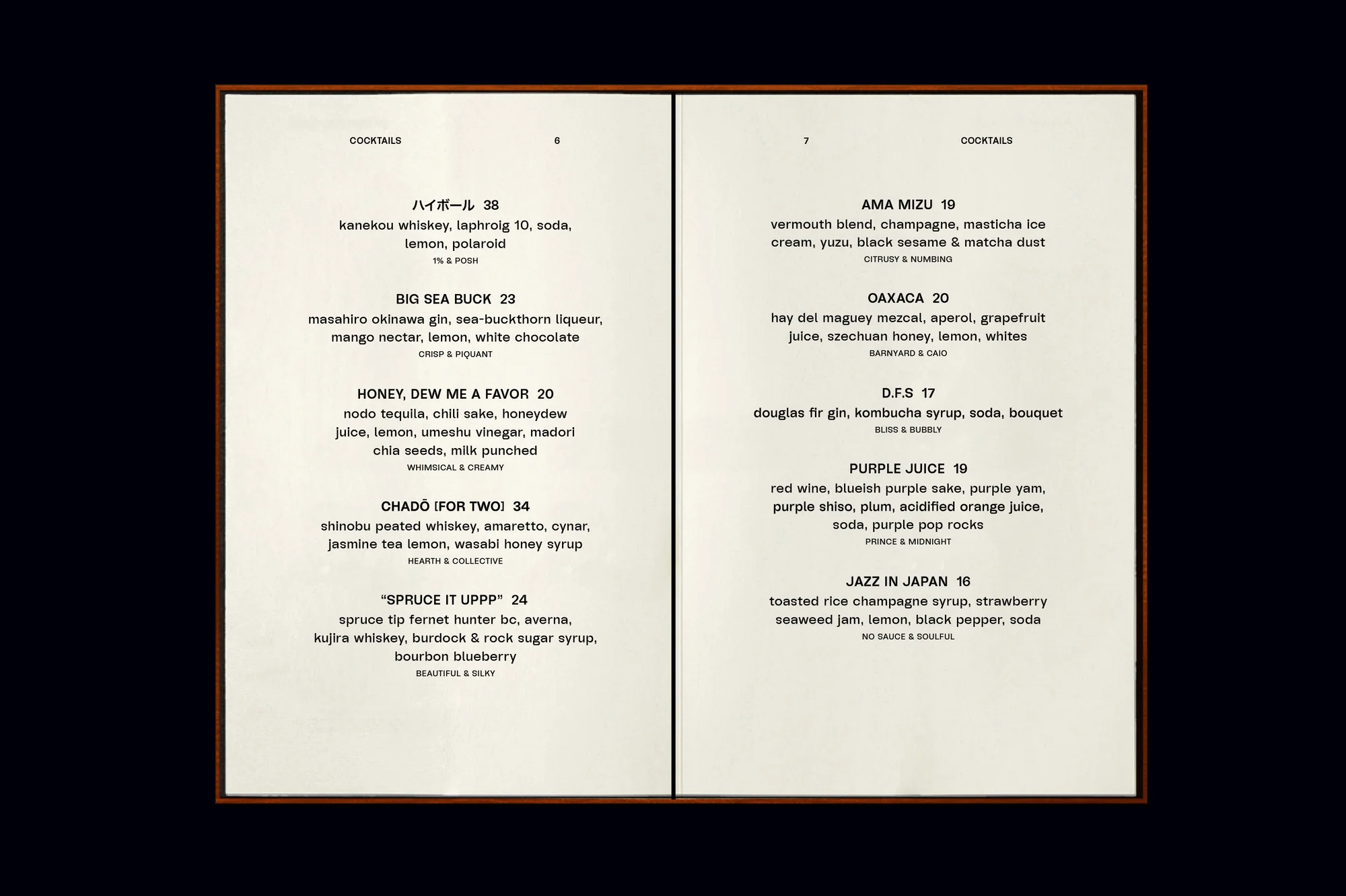 A cocktail menu displays a selection of mixed drinks with ingredients and descriptions in a framed presentation on a dark backdrop.