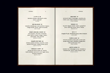 Open cocktail menu featuring minimal typography and item descriptions on off-white paper with a dark background