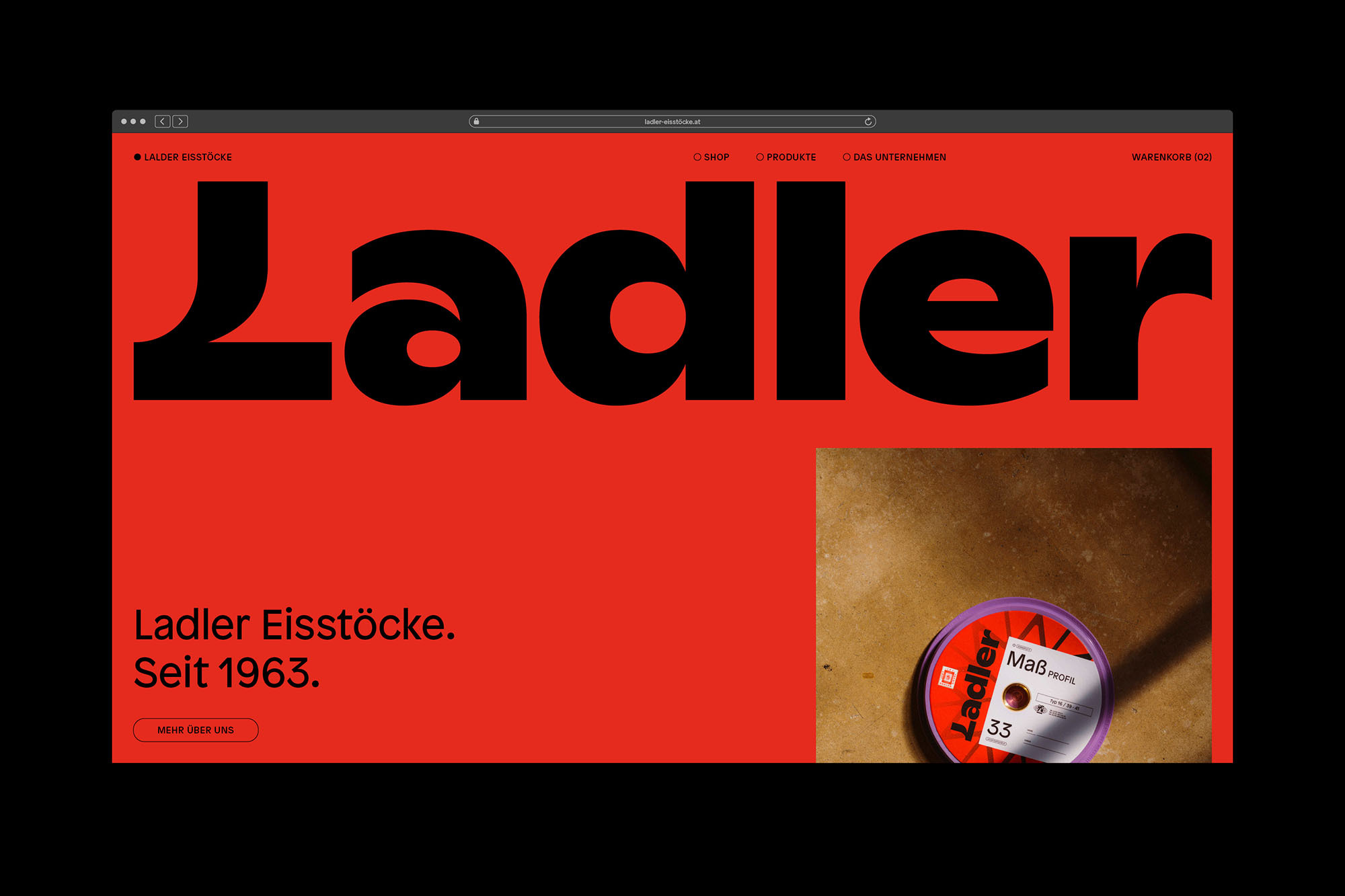 Website graphic for Ladler Eistocke features brand name in bold black font on a red background, with a product image and German text.
