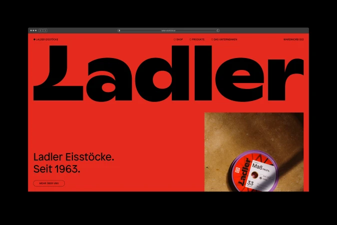 Website graphic for Ladler Eistocke features brand name in bold black font on a red background, with a product image and German text.