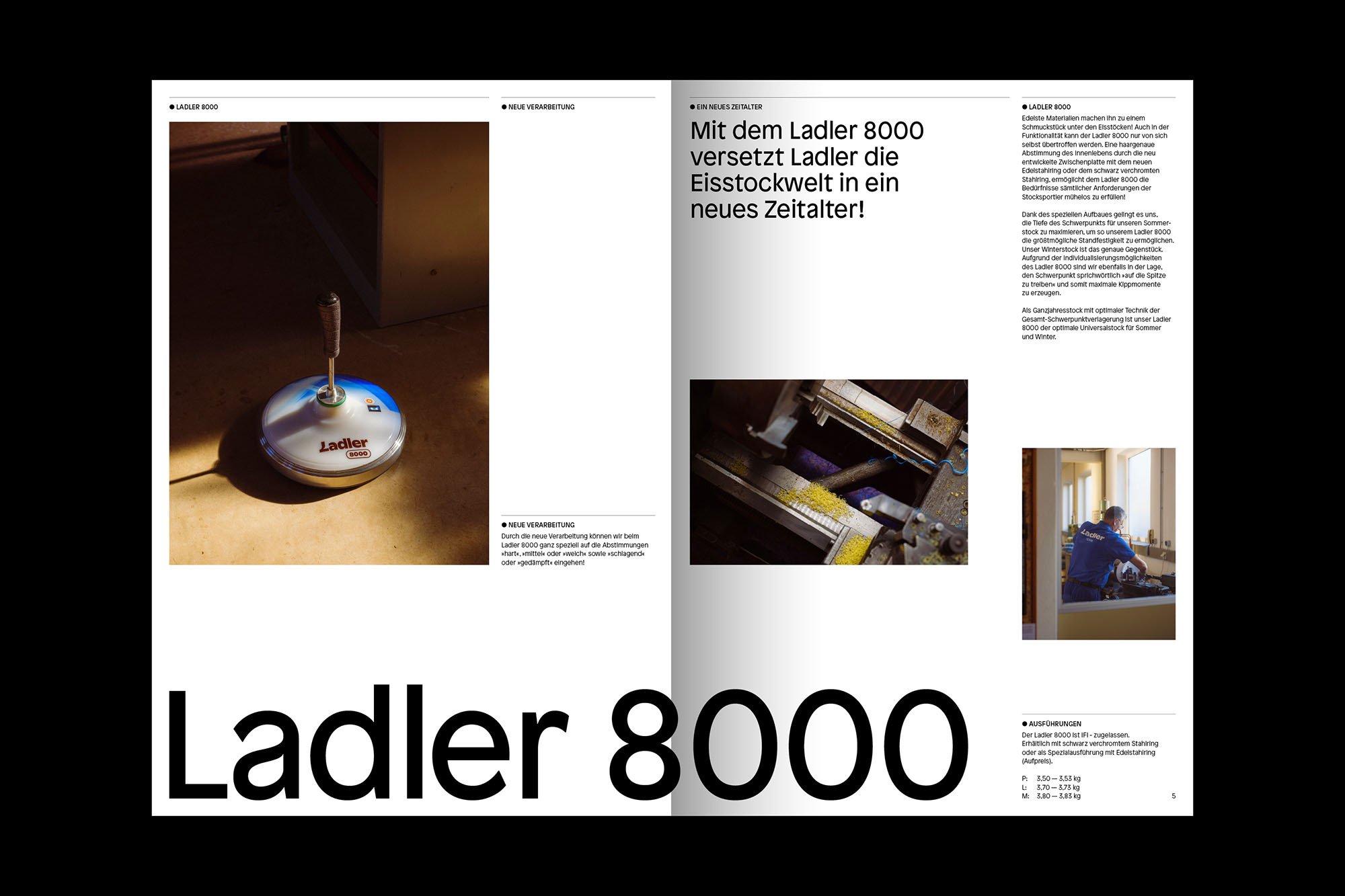 A brochure page displaying a Ladler 8000 curling stone product image with German text and industrial images, on a black background.