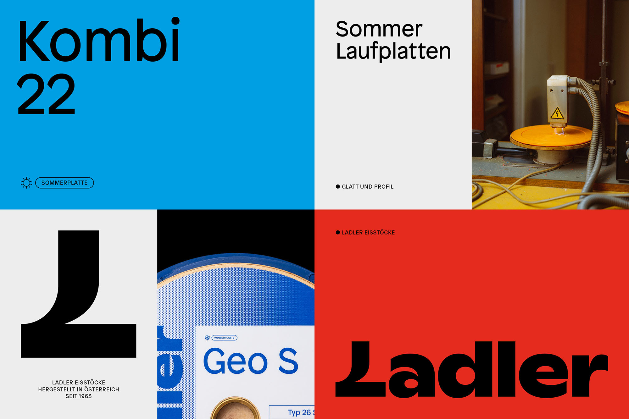 Graphic design features Ladler brand text, industrial machinery, and blocks of red, blue, and grey color in a minimalist layout.