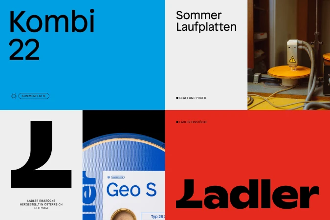 Graphic design features Ladler brand text, industrial machinery, and blocks of red, blue, and grey color in a minimalist layout.