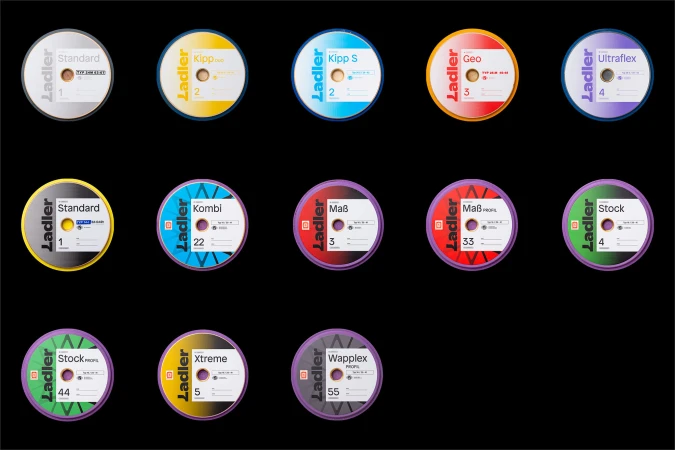 Collection of Ladler brand discs in various colors and designs, each featuring a label and number against a black background.