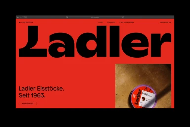 Website interface for Ladler featuring bold black typography on a bright red background with a circular product image in the lower corner.