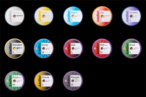 Collection of round product labels with typography and color accents arranged on a black background