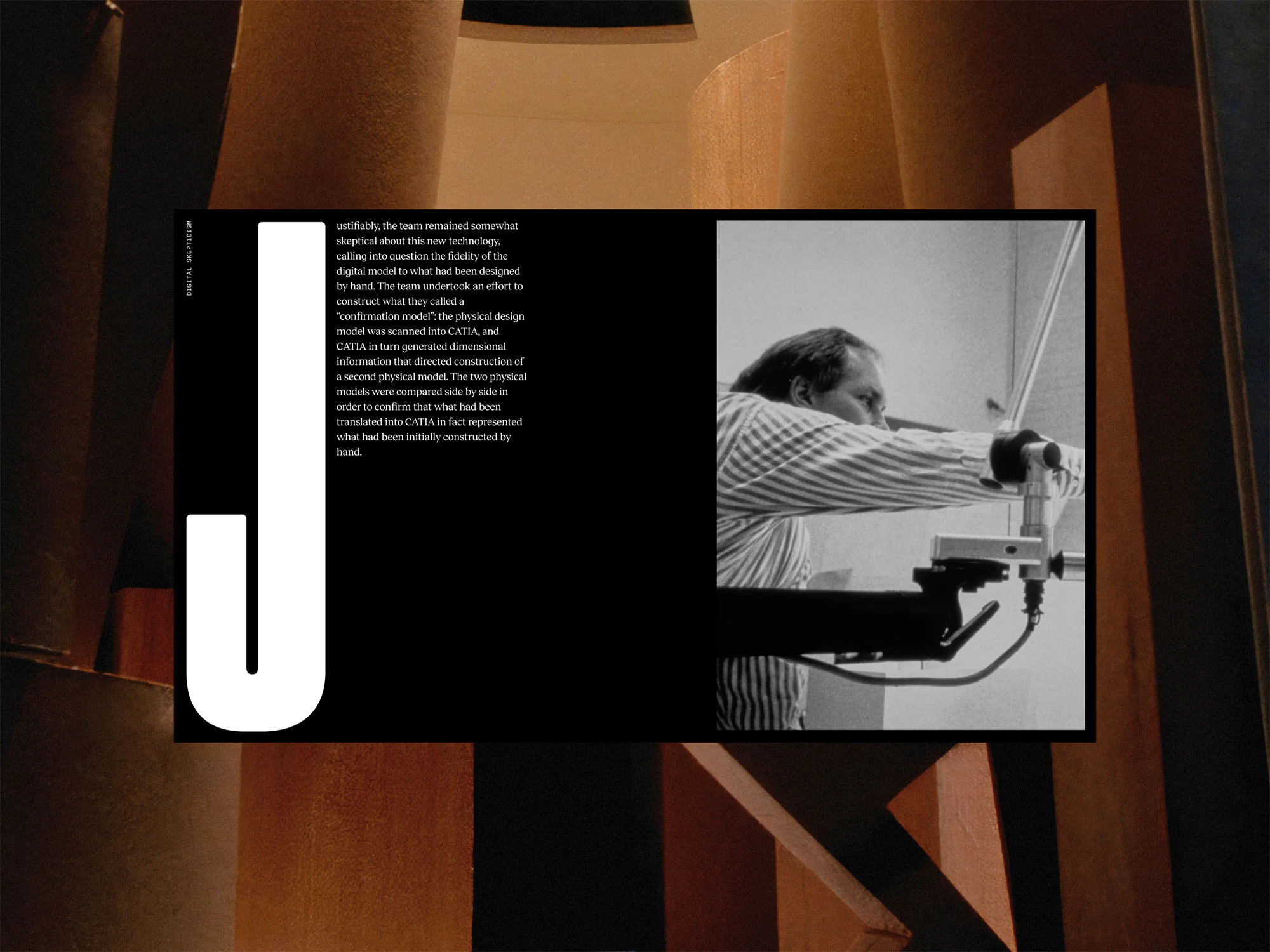 Monochrome photo of a man using equipment, large letter J and technical text on dark backdrop with structural architecture elements.