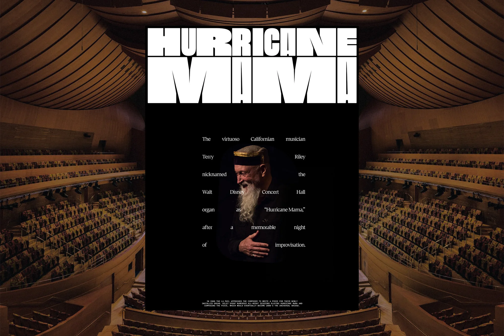 Magazine cover featuring Terry Riley in concert hall, black background with white text 'Hurricane Mama', and theater seating visible.