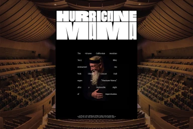 Terry Riley with long white beard in profile against a black background inside a concert hall poster