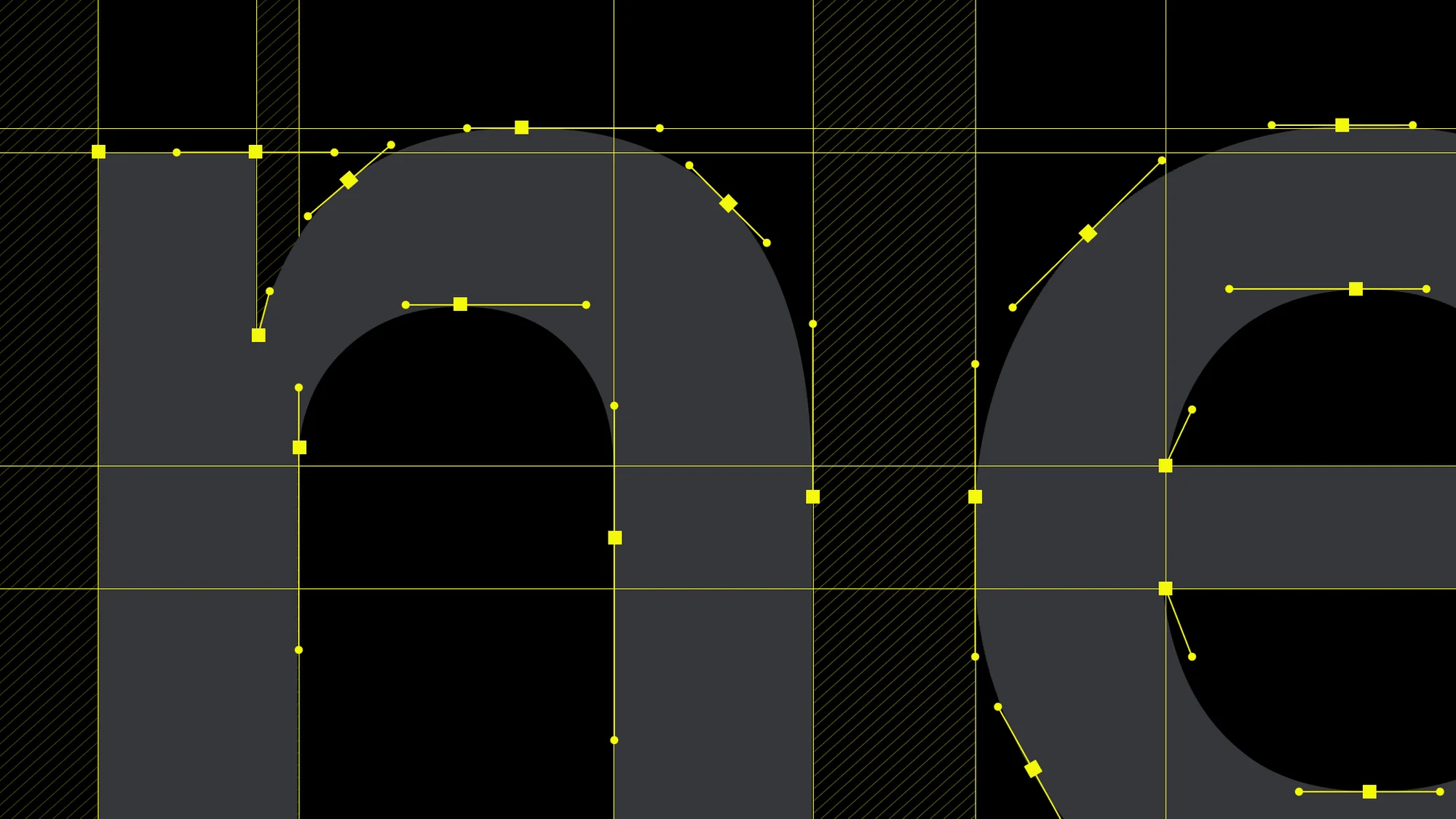 Abstract geometric composition of overlapping gray letters, with a yellow grid and diagonal black lines against a black background.