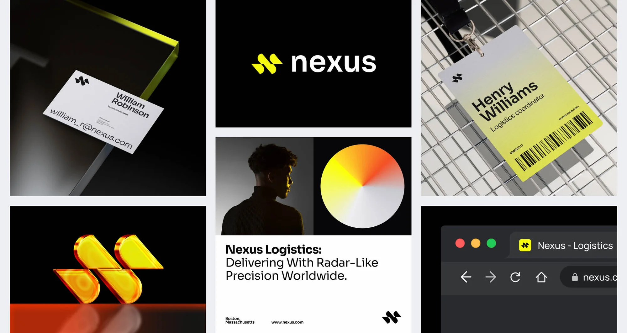 Collage of Nexus logistics branding with a business card, employee badge, person, color wheel, logo, and web browser window.