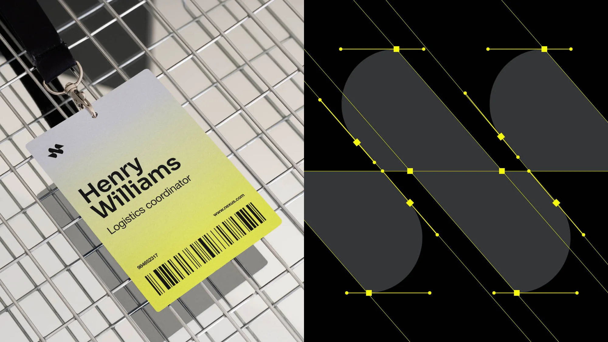 Identity badge featuring name and title on lanyard. Graphic design background with diagonal lines and geometric shapes in black and yellow.