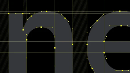 Vector anchor points and bezier handles outlining grey typography on a dark gridded background with diagonal stripe sections.
