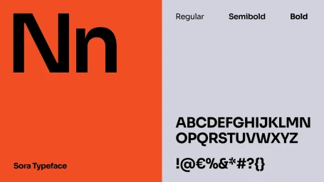 Brand identity graphic showcasing Sora typeface weights and uppercase alphabet on orange and light grey panels