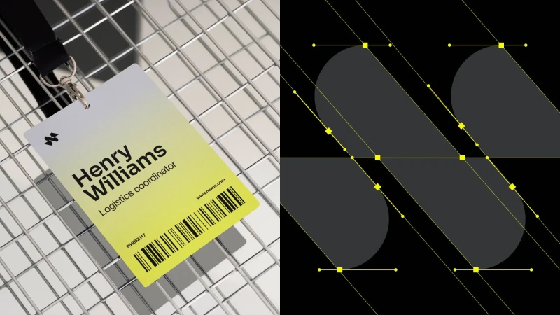 Split image showing a yellow ID badge on a metal wire grid and a black graphic pattern with yellow diagonal lines
