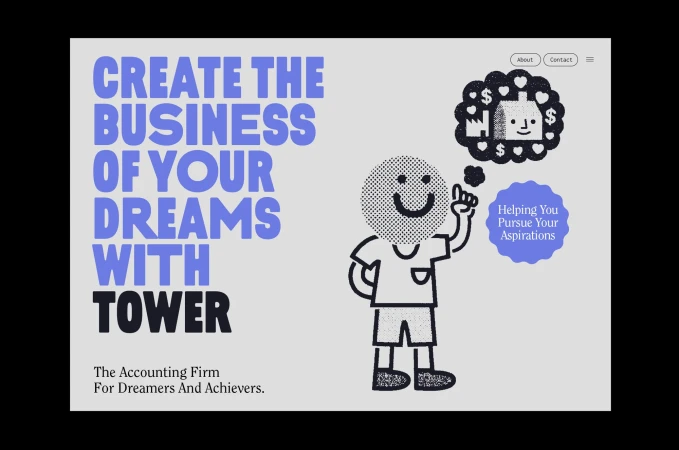 Animated illustration for accounting firm website with smiling cartoon character, building, and business-themed icons.