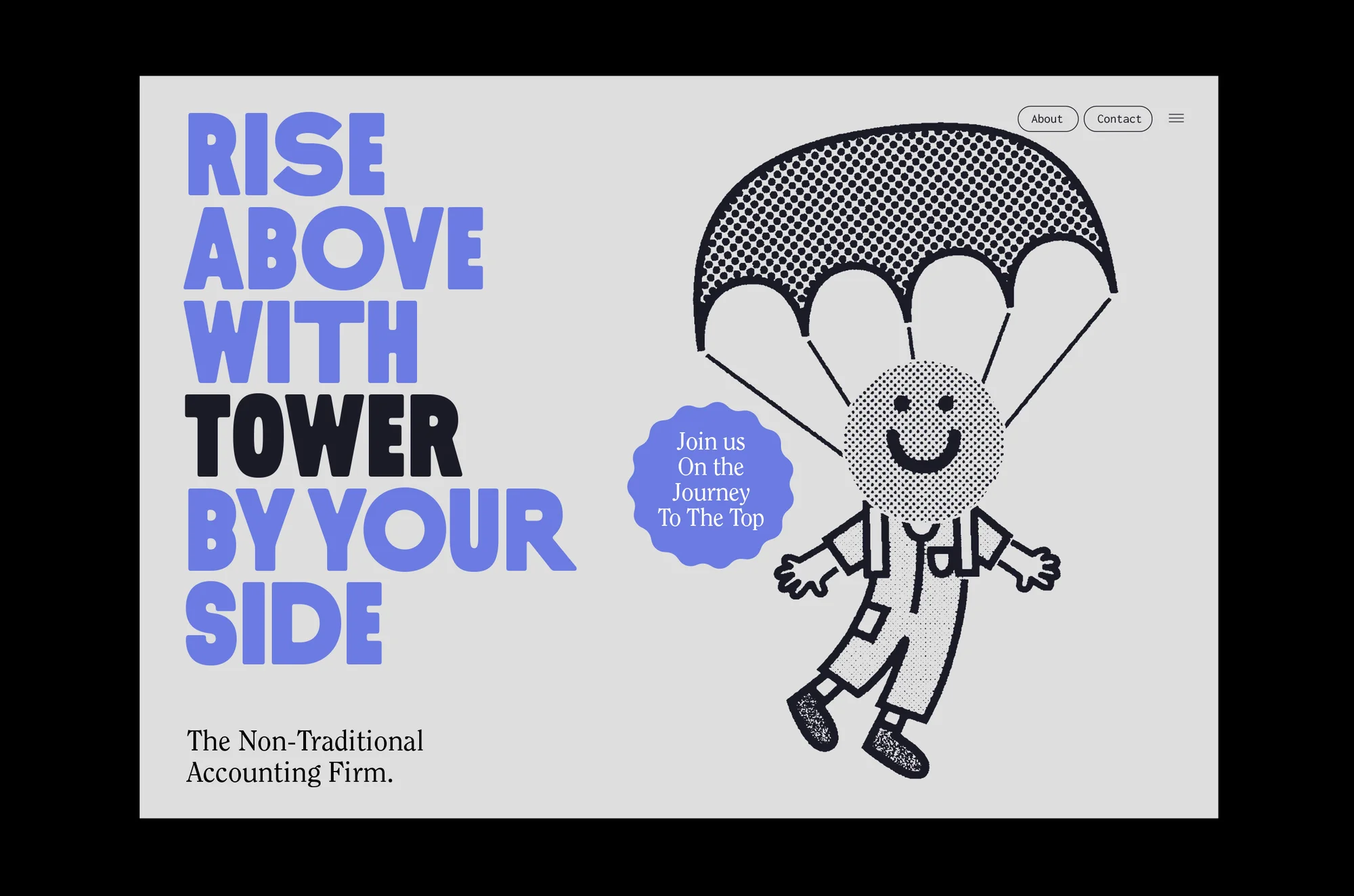 Animated graphic illustration for accounting firm featuring cartoon character with parachute, and text, promoting financial growth.