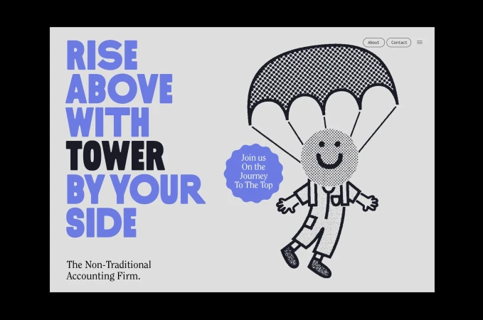 Animated graphic illustration for accounting firm featuring cartoon character with parachute, and text, promoting financial growth.
