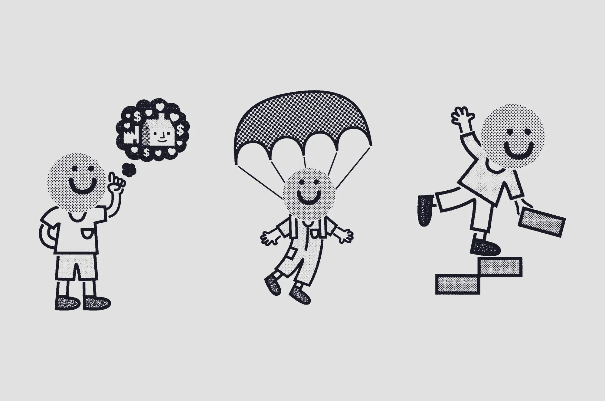 Illustration features 3 whimsical characters: one pointing up, one parachuting, and one descending stairs, all on a plain background.