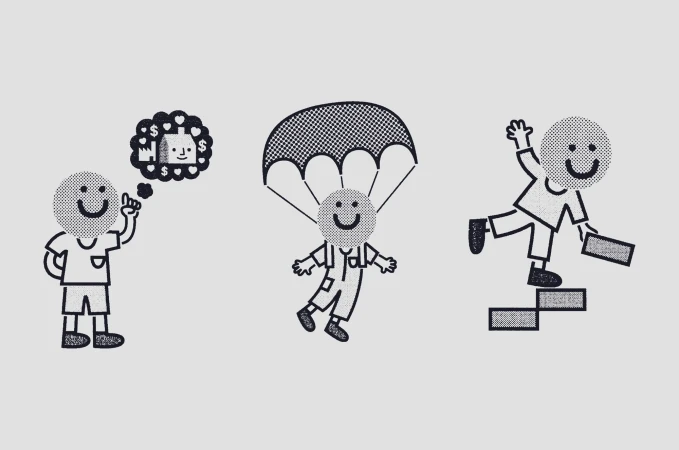 Illustration features 3 whimsical characters: one pointing up, one parachuting, and one descending stairs, all on a plain background.