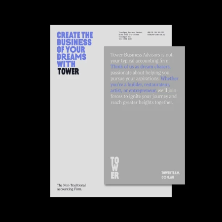 Promotional poster for Tower Business Advisors featuring company name, tagline, and brand colors on a white and grey background.