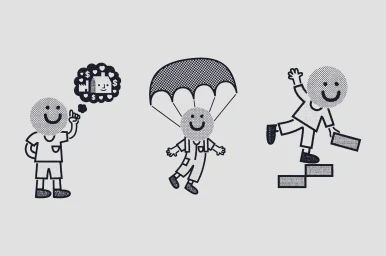 Three illustrated figures with dotted patterned heads on a light grey background showing a character thinking, parachuting, and climbing steps.