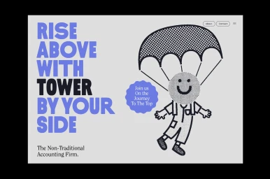 Web design layout featuring bold typography and a playful illustrated character parachuting with a smiling face.