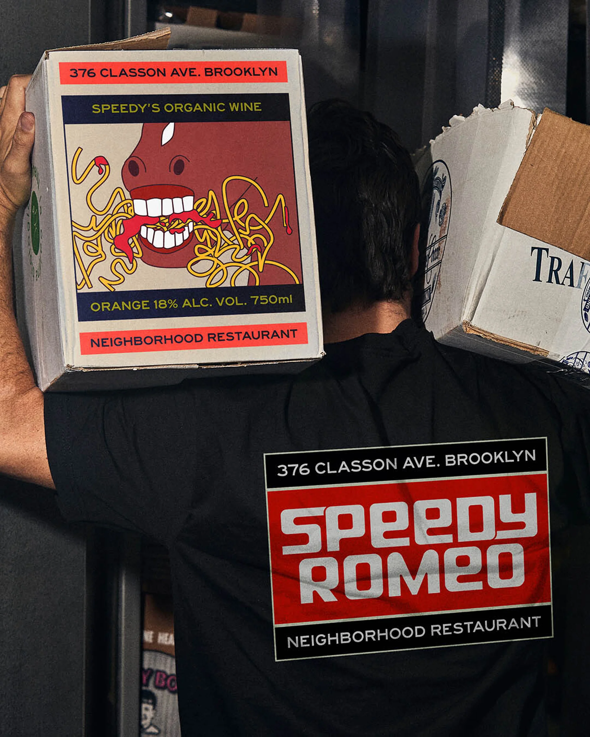 Back view of a person carrying boxes with Speedy Romeo branding, including a cartoon horse eating spaghetti, and the brand logo.