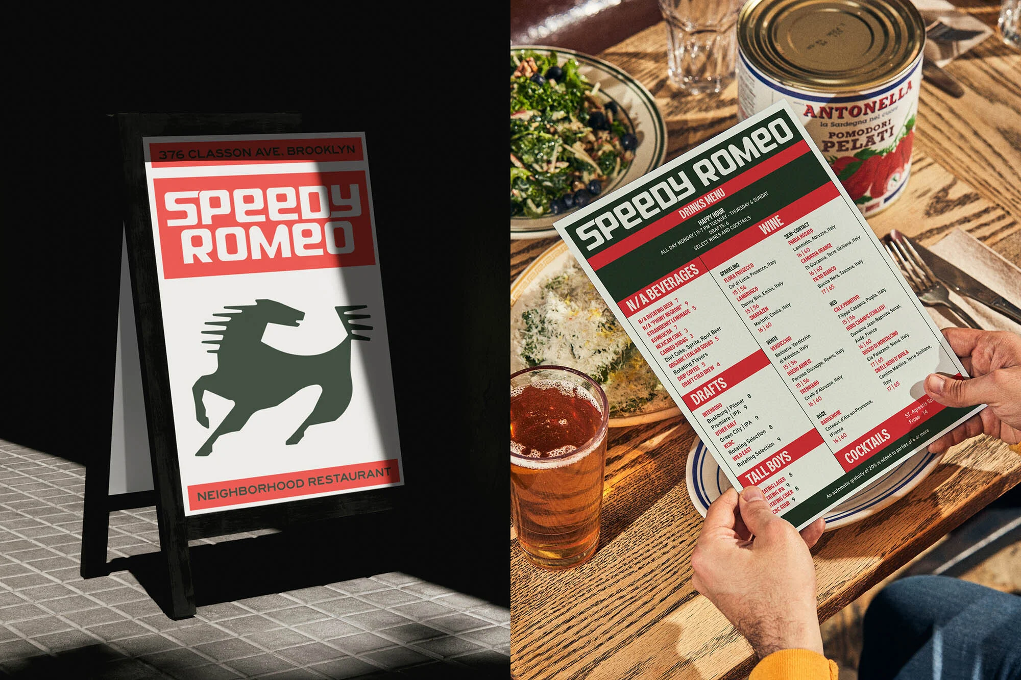Two menus with food and drinks are displayed, one standing, the other held by a person at a table, featuring the Speedy Romeo logo.