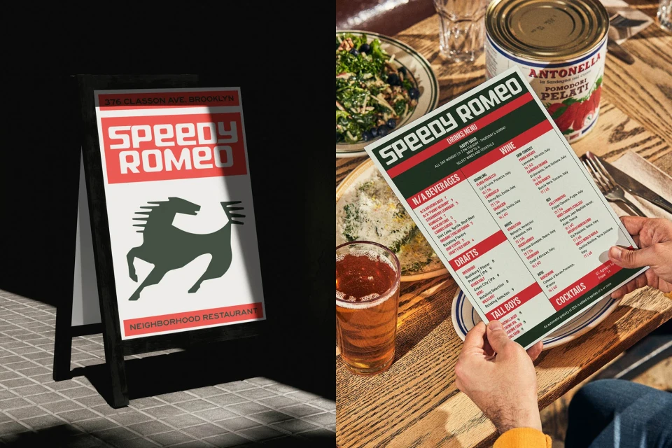 Two menus with food and drinks are displayed, one standing, the other held by a person at a table, featuring the Speedy Romeo logo.