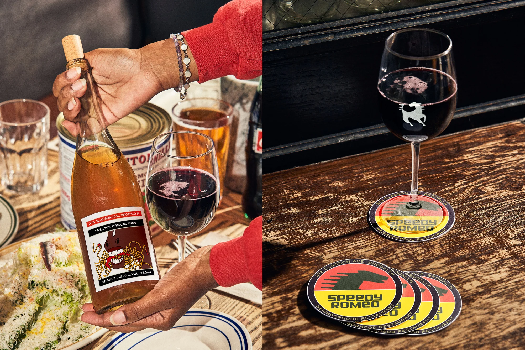 Wine bottle and wine glasses feature in an inviting restaurant scene; food and drinks create a cozy atmosphere on a wooden table.