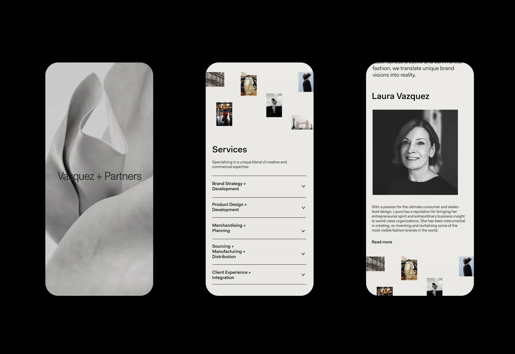 Website landing page with close-up of flower petals alongside services menu and portrait of fashion professional, Laura Vazquez.