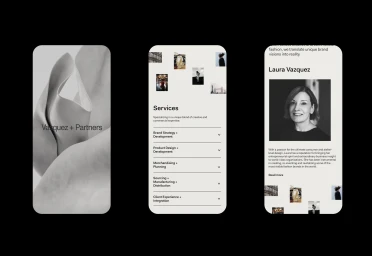 Three mobile phone mockups displaying a monochrome website interface for Vazquez and Partners against a black background.