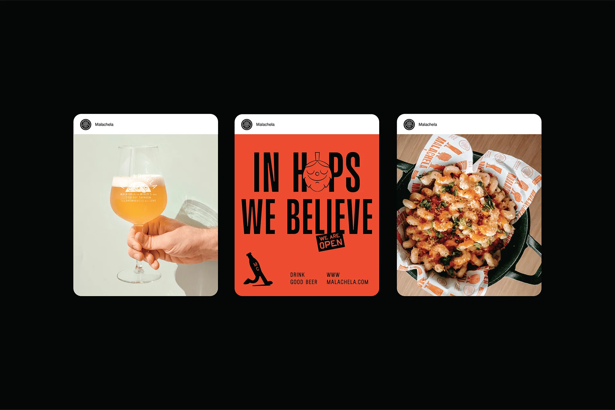 Malachela beer promotional post featuring a beer glass held by a person, a sign with the slogan, and a dish of prepared food.