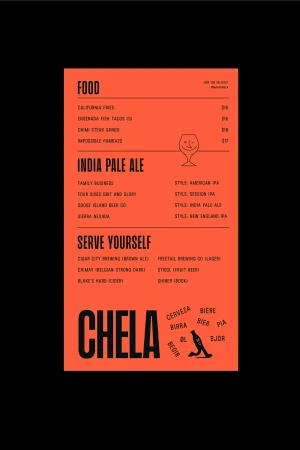 Flyer for Chela featuring food, India pale ale, and beer selections with an illustration of a person, in black on a red background.