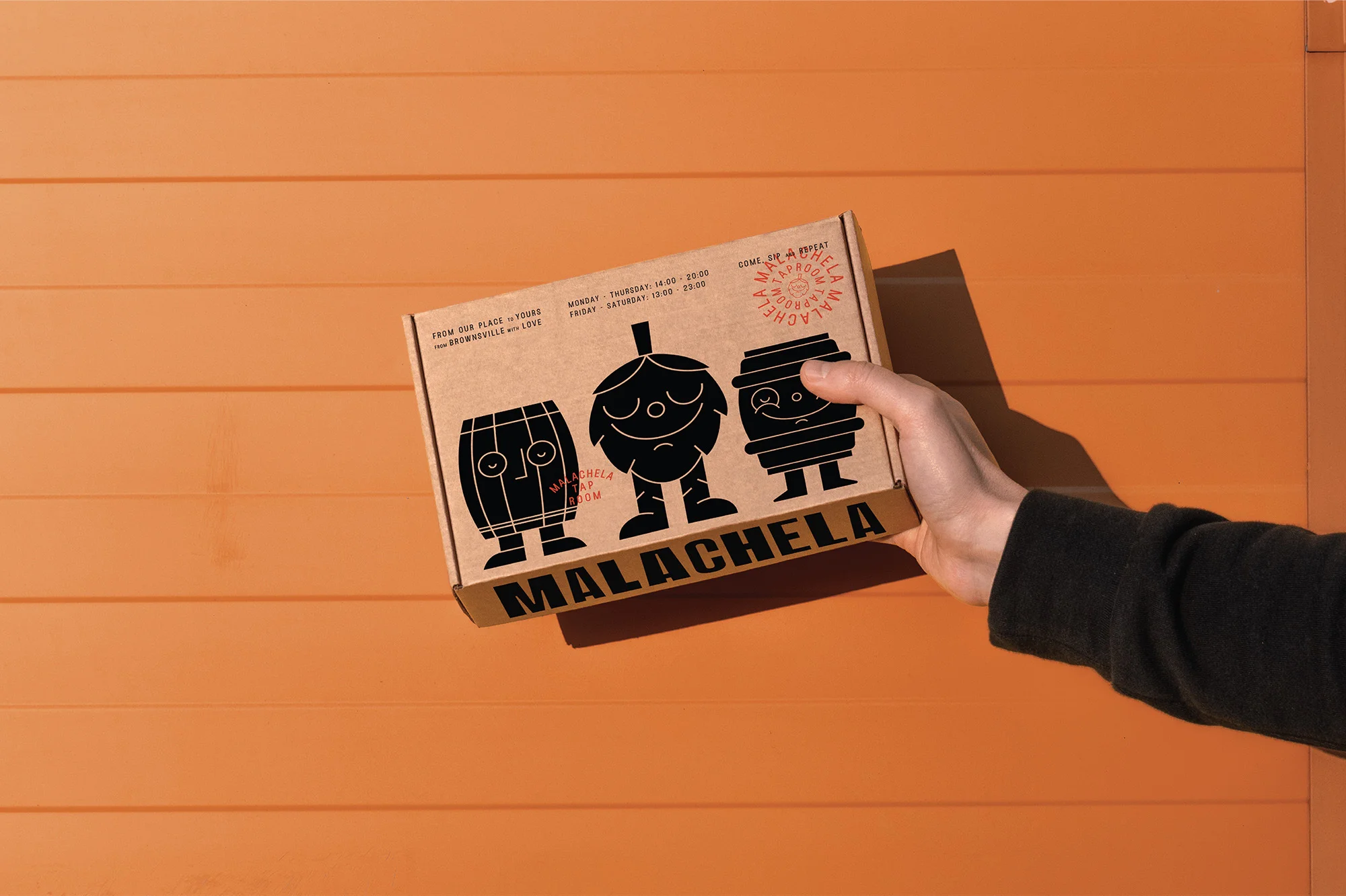 Hand holds Malachela beer box with hop, barrel cartoon art against orange wood. Craft beer concept, brewery marketing, brand visibility.