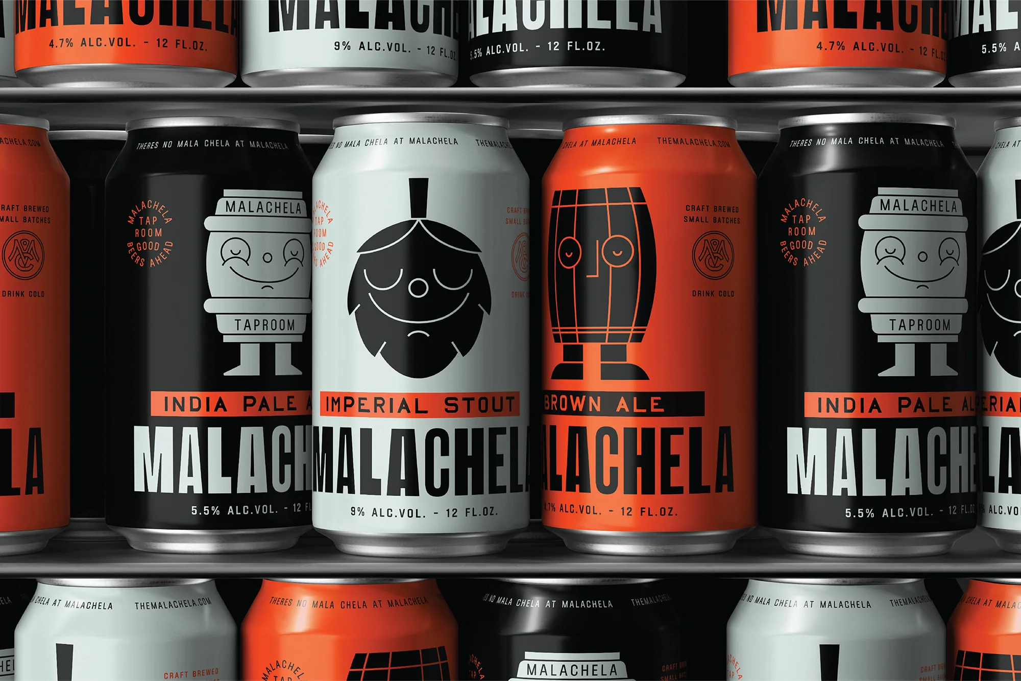 Assortment of Malachela brand craft beer cans in various colors, including black, white, and orange, displayed on a metal shelf.