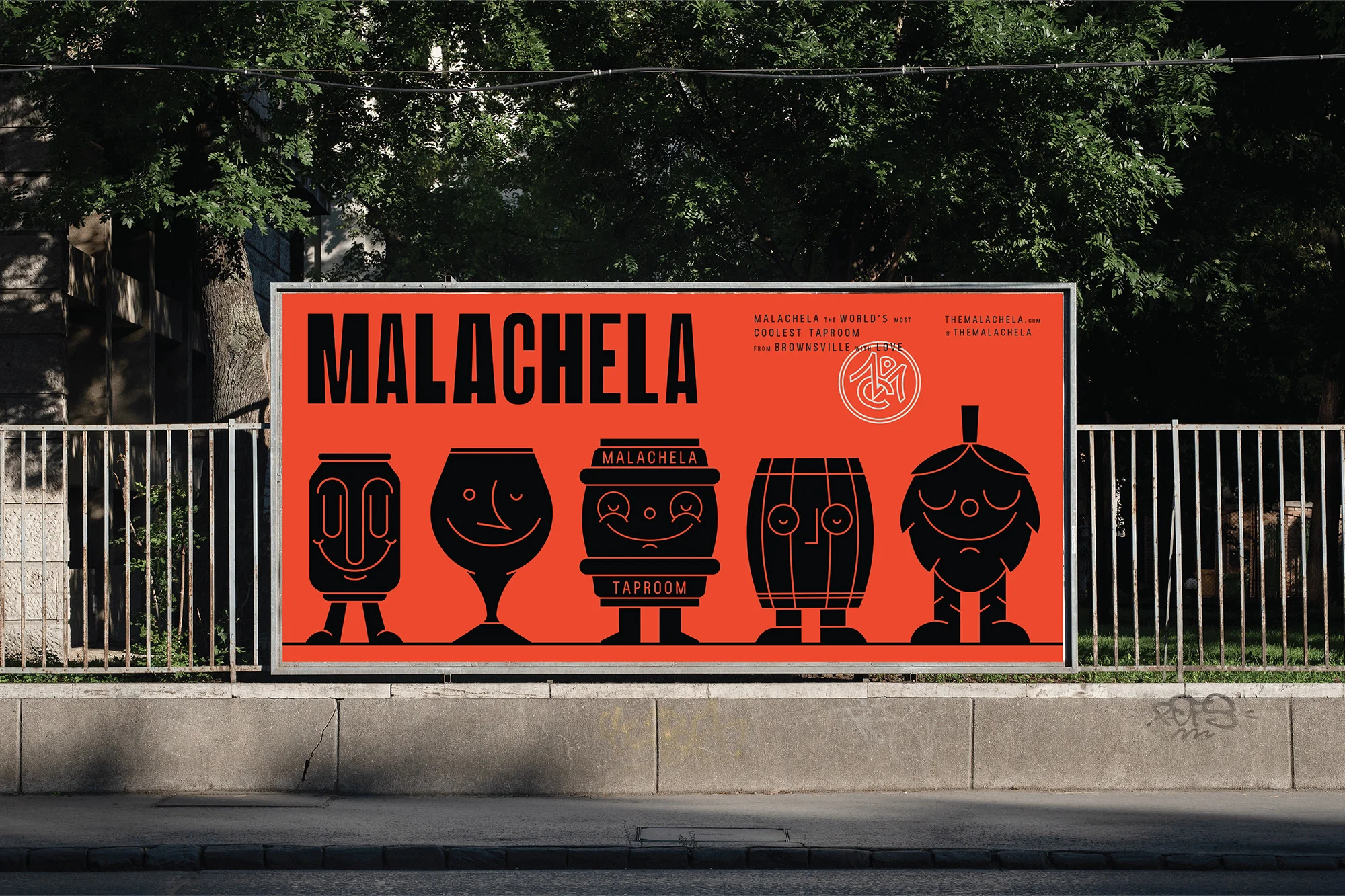 A billboard displays a Malachela advertisement featuring illustrated beer vessels with faces, set against a backdrop of trees and fencing.