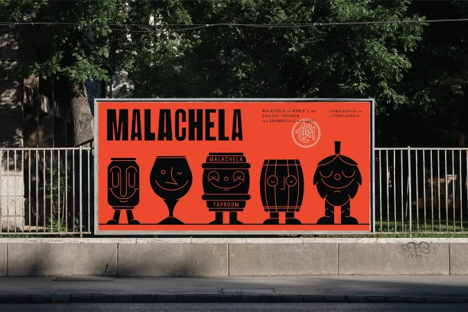 A billboard displays a Malachela advertisement featuring illustrated beer vessels with faces, set against a backdrop of trees and fencing.